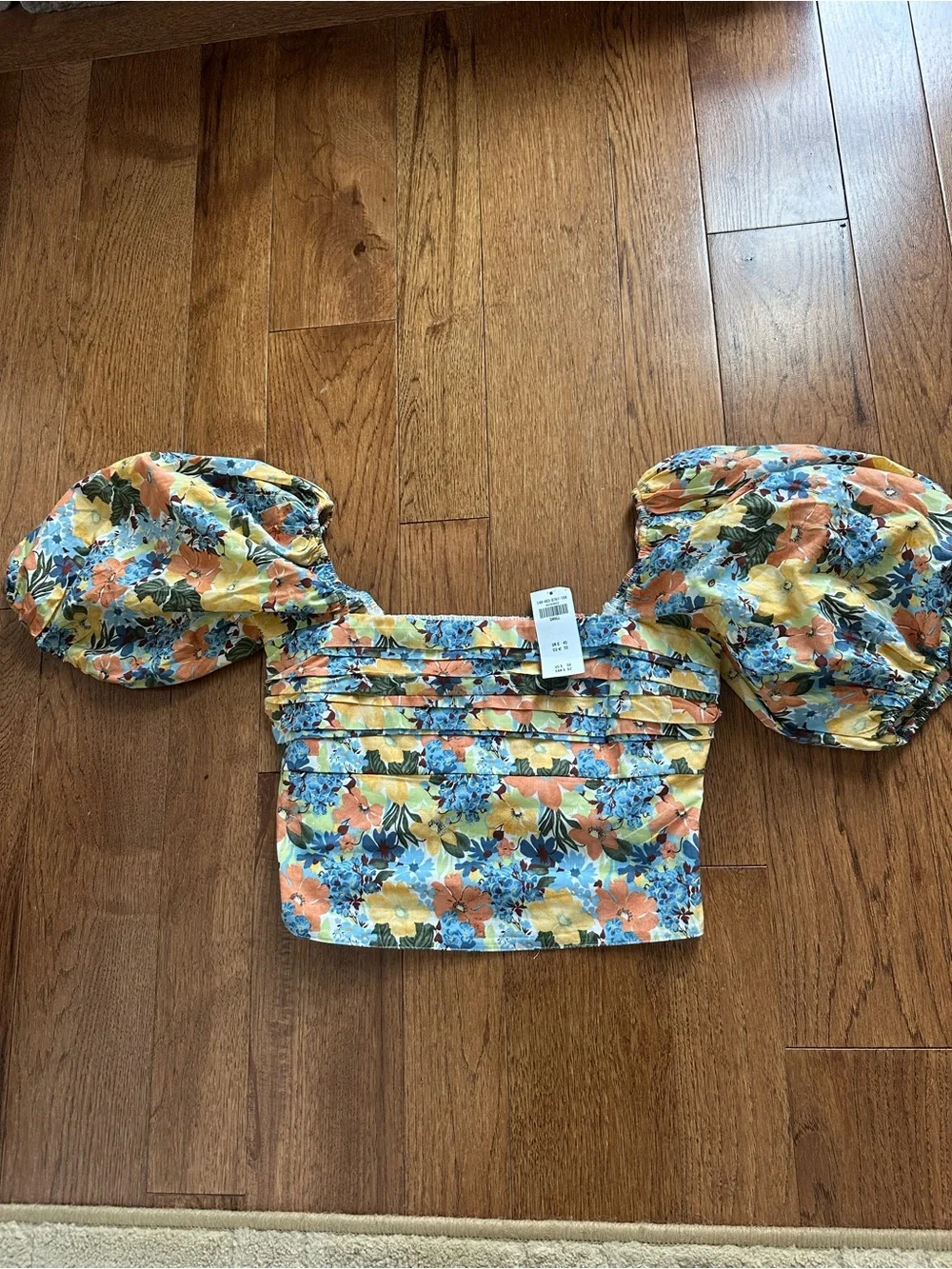 NWT- Abercrombie Floral Puff-Sleeve Crop Top - Yellow, Orange & Blue